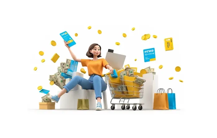 Young Girl with a Trolley and Shopping Bags 3D Artwork Illustration