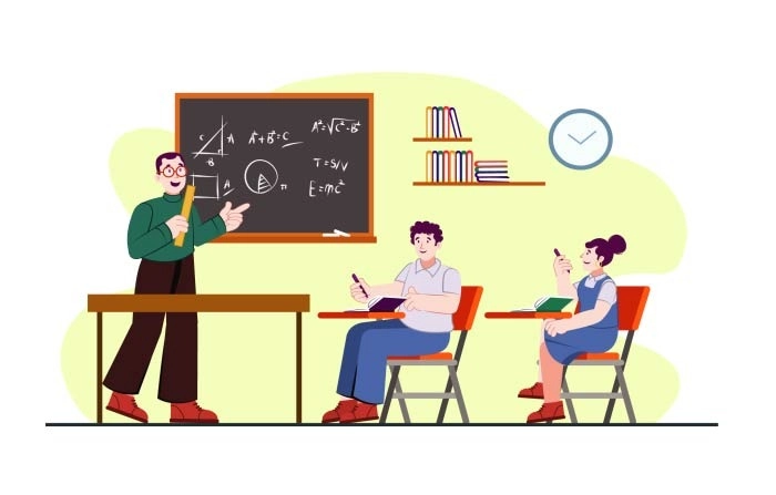 Offline School Teacher and Students Illustration Premium Vector image