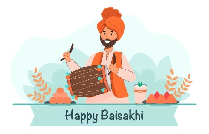 Punjabi Man Dancing With Drum And Wheat On Baisakhi Festival Illustration image