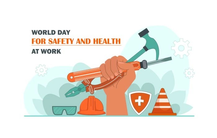 Safety Helmet And Hand Holding A Wrench Tool Premium Vector Illustration image