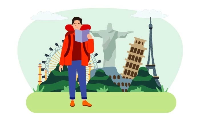 Boy Stands In Front Of Worldwide Landmarks With Book And Bags Illustration Premium Vector image