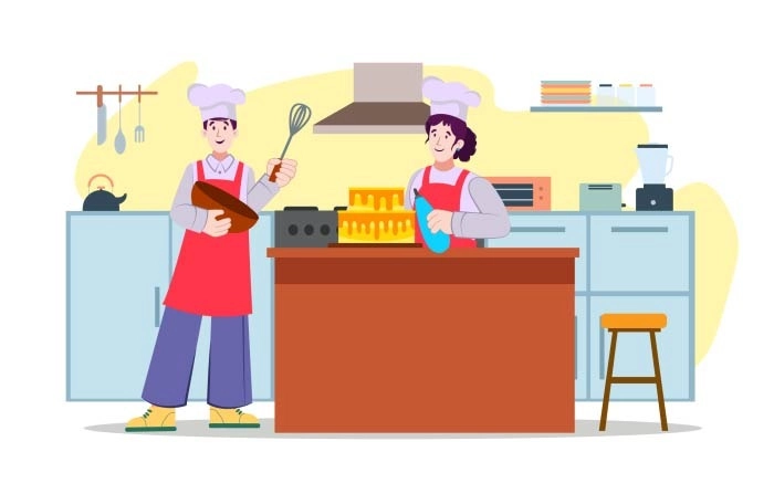 Woman Character Cooking Cake In Kitchen And Man Character Helps Her Premium Vector