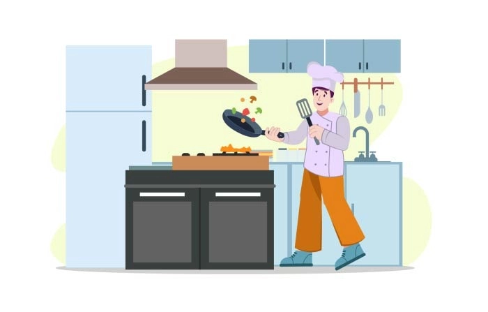 Masterchef Cooks Food With A Frying Pan In The Kitchen Of Restaurant  Illustration image