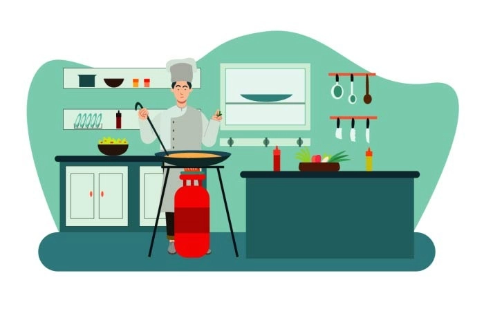 Young Handsome Man In A White Special Robe Preparing Food In Kitchen Illustration image
