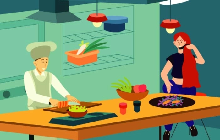 Master Chef Preparing Food In The Kitchen And A Woman Stands Near Him Illustration