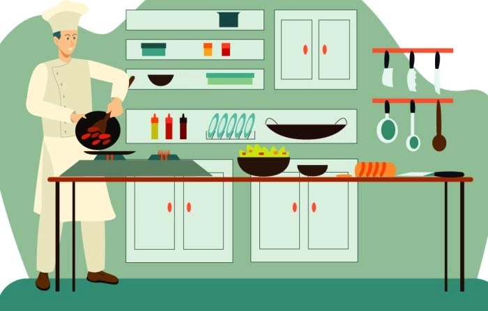 Master Chef Preparing Food In Kitchen Illustration Premium Vector image