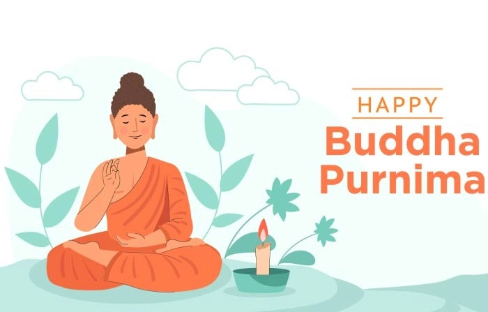 Happy Vesak Day Greeting With Lord Buddha Illustration And Leaf Illustration image
