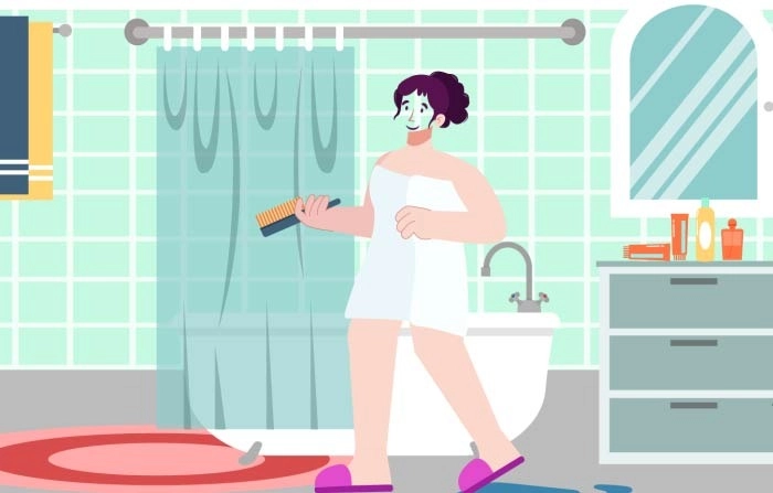 Women In Towel Combing Hair The Bathroom Flat Image Illustration image