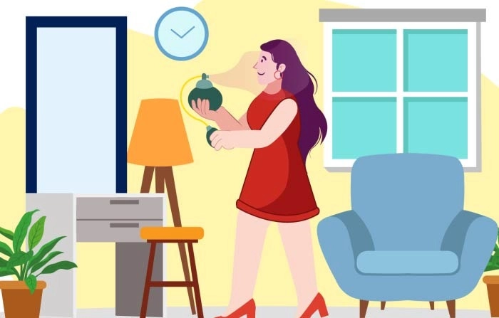 Vector Illustration Of Pretty Girl Putting On Perfume In Bedroom