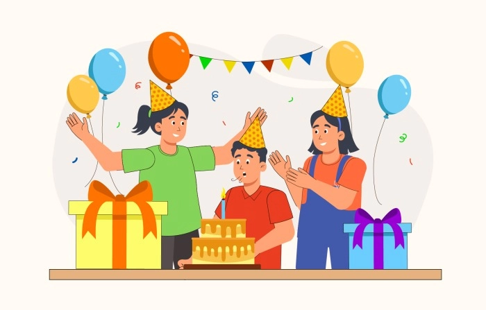 Get The Creative 2D Character Of Birthday Scene Illustration image