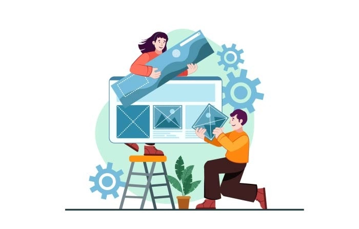 Man And Woman Holding Tiles For Designing Website Concept Vector Illustration image