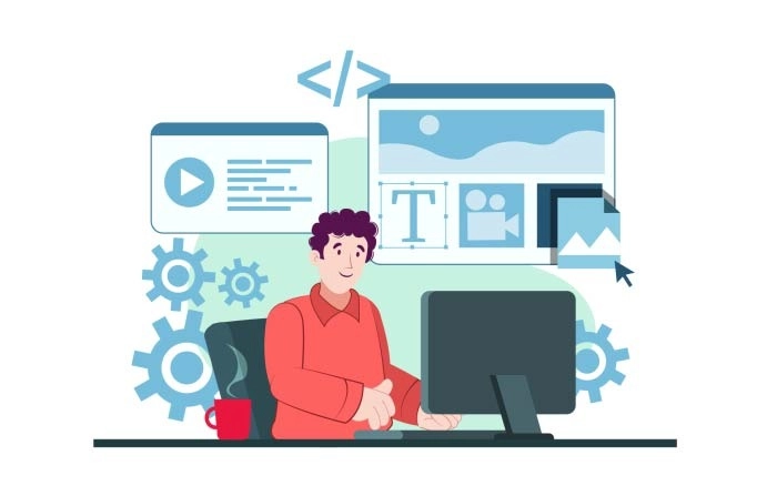 Man Developing Website On Computer Vector Illustration Image