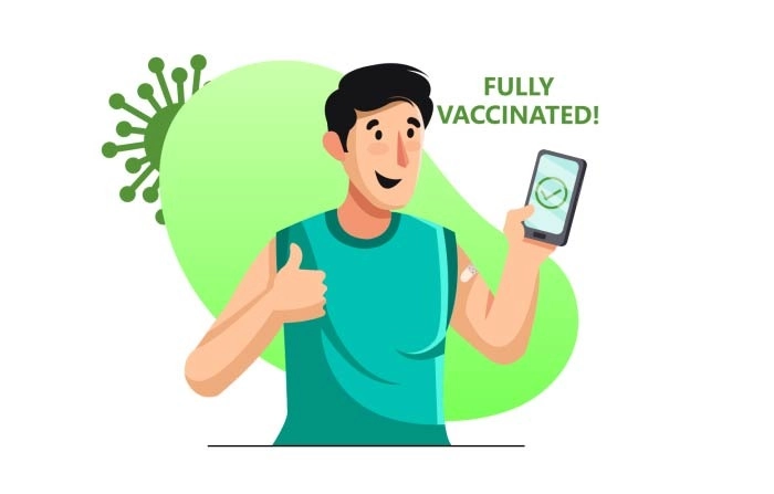 Vaccine doctor with Mobile and Male character illustration Premium Vector