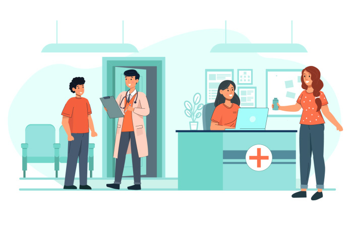 Illustration Of Hospital Reception Doctor Talking With Patient Women Enquiry At Front Desk