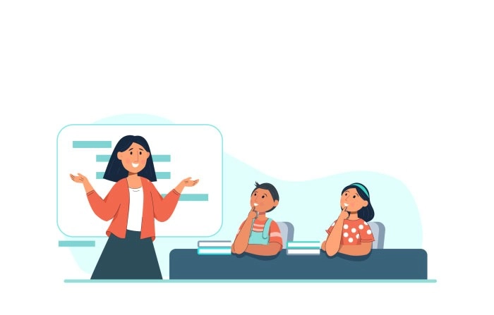 The Teacher Teaching Her Students In The Classroom Illustration Premium Vector