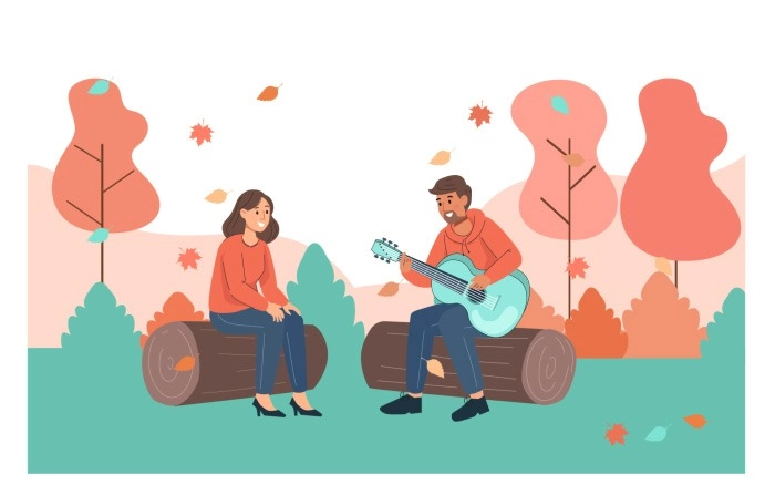 Vector Image Of Male Playing Guitar Women Listening Music Sitting On Wood Log In Autumn image