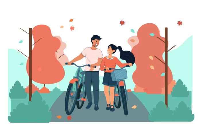 Illustration Of Couple Cycling Together In Autumn Park