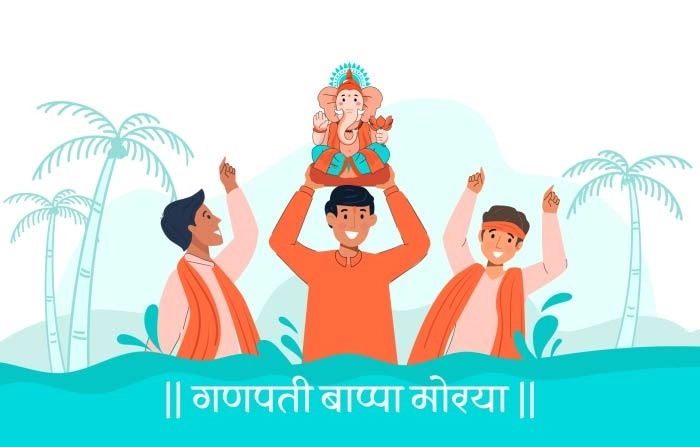 People Men Celebrating Ganesh Visarjan Holding Ganpati Bappa Premium Vector Illustration Image