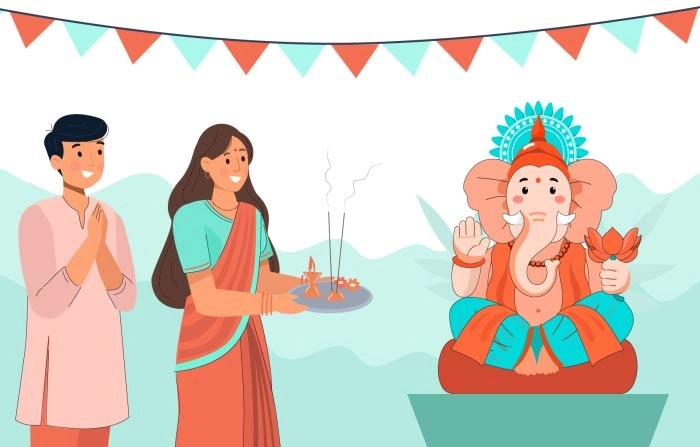 Man And Woman Praying And Celebrating Ganesh Chaturthi Aarti