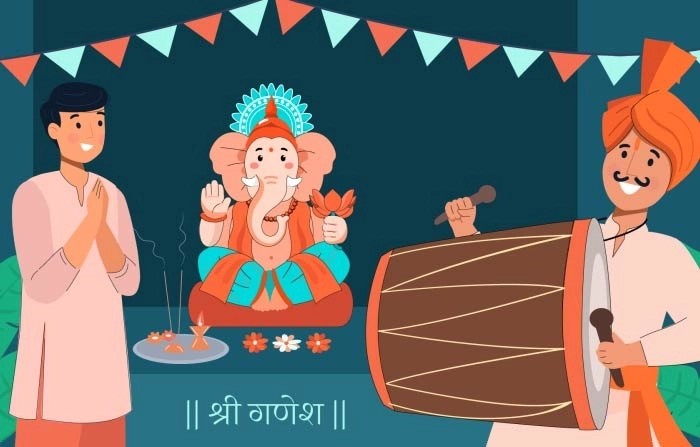 Men Praying And Celebrating Happy Ganesh Chaturthi Playing Dhol