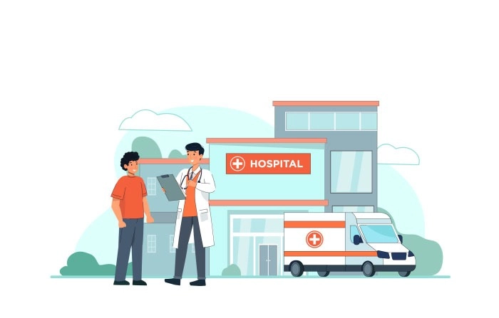 Vector Illustration Of Doctor And Patient Talking Outside Hospital