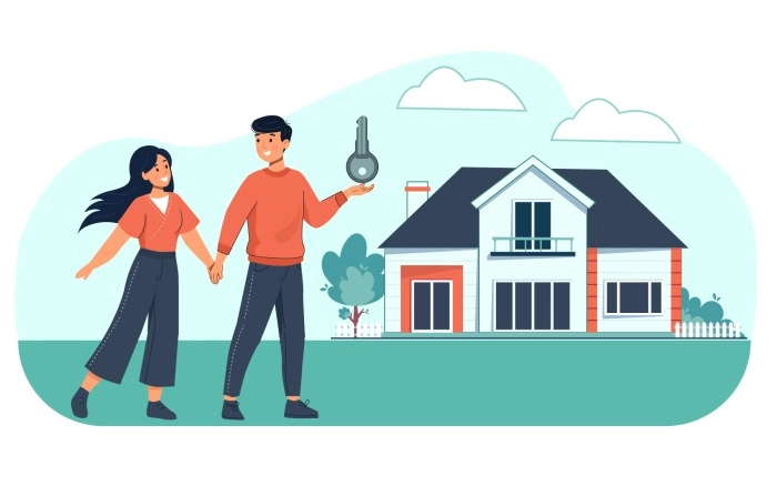 Illustration Of Couple Buy New Home And Moving Into It
