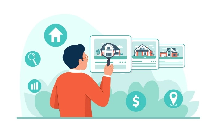 Man Doing Analysis Of Real Estate Properties By Online Information Vector Illustration image