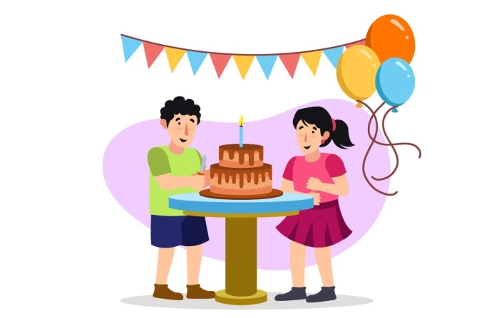 Kids Standing At Festive Table With Knife And Cake  Premiumvector Illustration