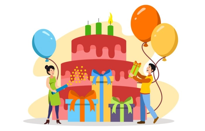 Man And Women Celebrate Birthday With Candles And Cake Illustration Premium Vector