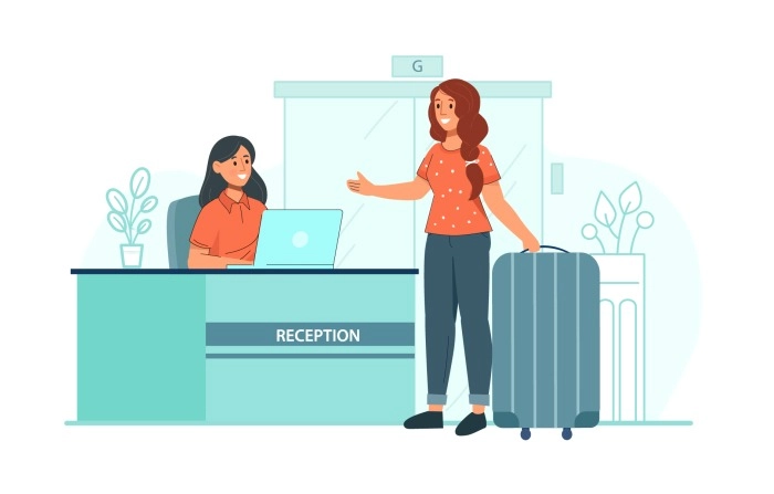 Woman Tourists With Bags Checking In At Hotel Illustration