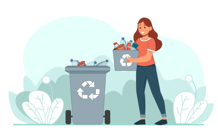 Protect The Environment Woman Throws Garbage In The Trash Vector Illustration image