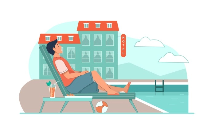 Vector Image Of Man Drinking Cocktail, Lying On Chaise Near Hotel Swimming Pool