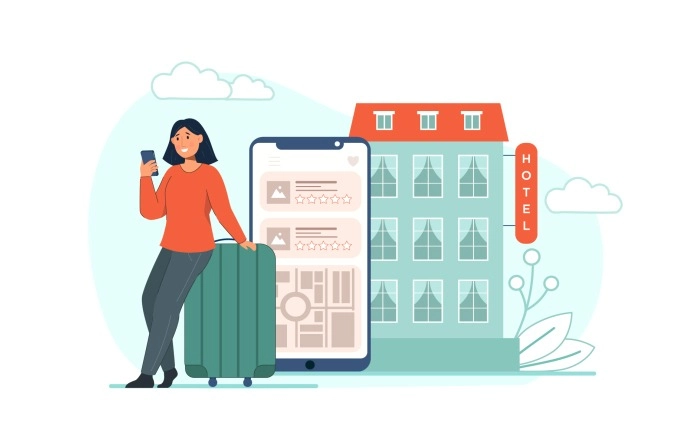 Girl Tourist Checking Hotel Reviews And Booking Room Online On Mobile Application Flat Illustration