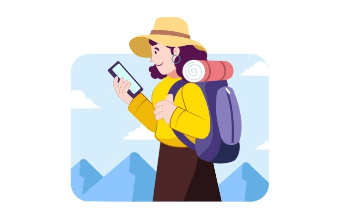 Illustration Of Woman With Trekking Bag Pack Checking Location In Mobile