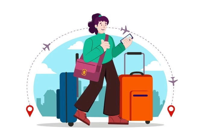 Flat Vector Women With Luggage Go In Journey By Flight