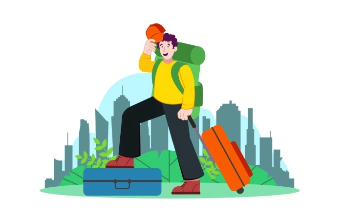 Vector Cartoon Illustration Of Young Man With Baggage Isolated On Background