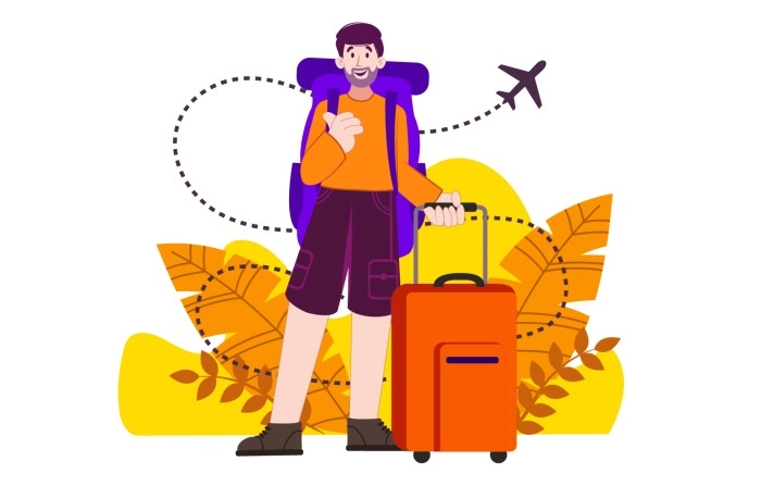 Vector Illustration Of Male Tourists Travel With Suitcases And Bag