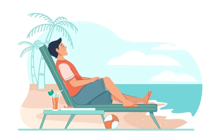 Man Rest On Wooden Terrace On Sea Beach With Cold Drink And Ball Premium Vector