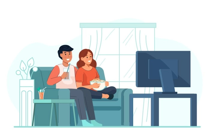 Young Couple Watching Tv At Home With Popcorn And Cold Coffee Illustration Premium Vector
