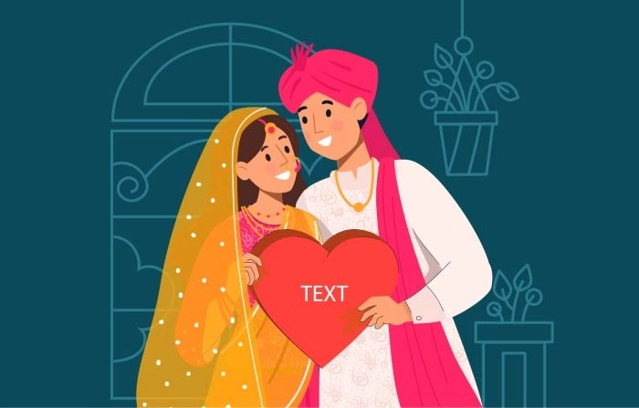 Beautiful Indian Couple On Their Wedding Day In Traditional Dress Illustration