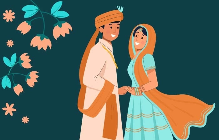 Indian Wedding Couple In Traditional Dress Holding Hands And Smiling Premium Vector Illustration. image