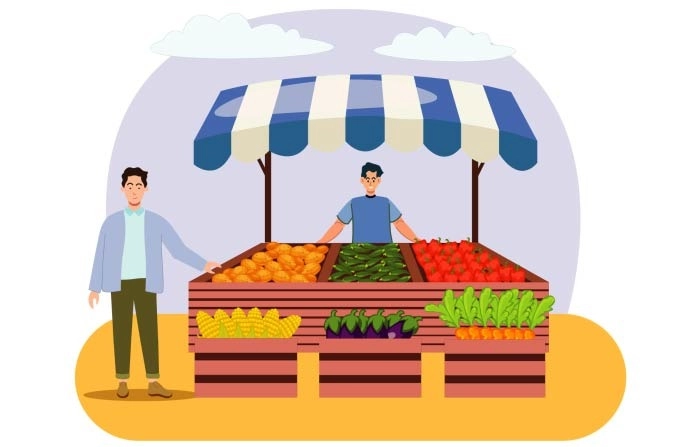 Farm Vegetables Street Shop With Farmer And Buyer Illustration Premium Vector