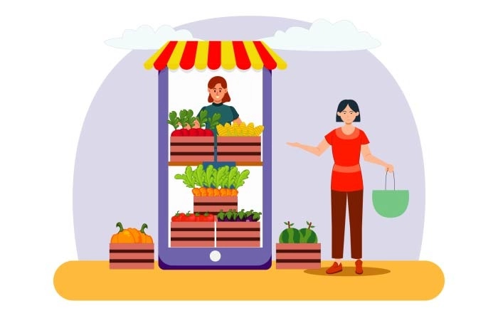 People Ordering Organic Food Online Delivery Service Vector Illustration