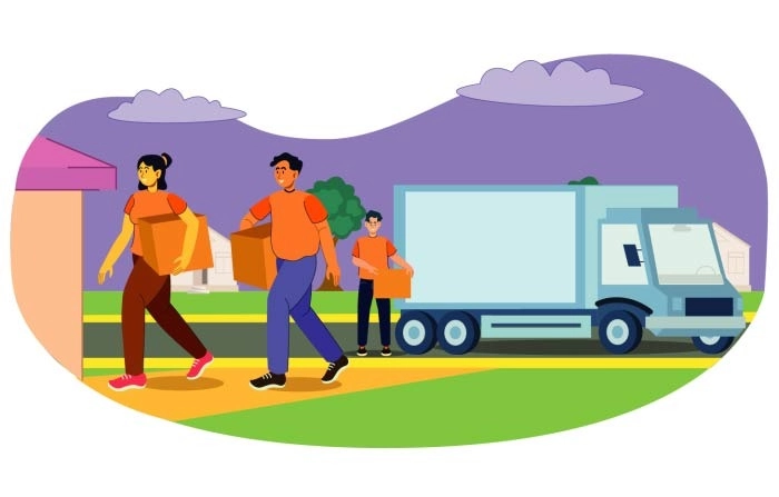 Moving Truck With Movers And Cardboard Boxes  Premium Vector Illustration