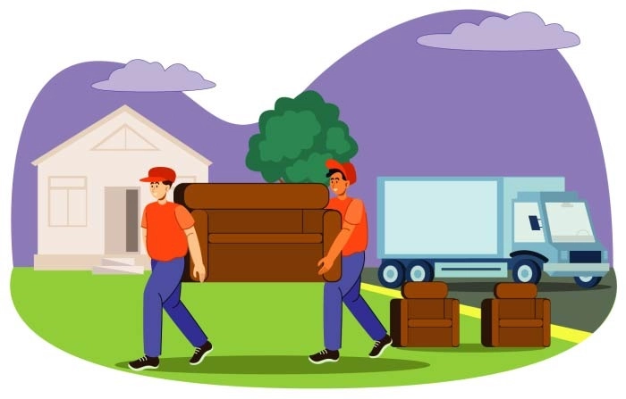 Home Moving Concept With Two Movers Carry A Sofa Illustration Premium Vector