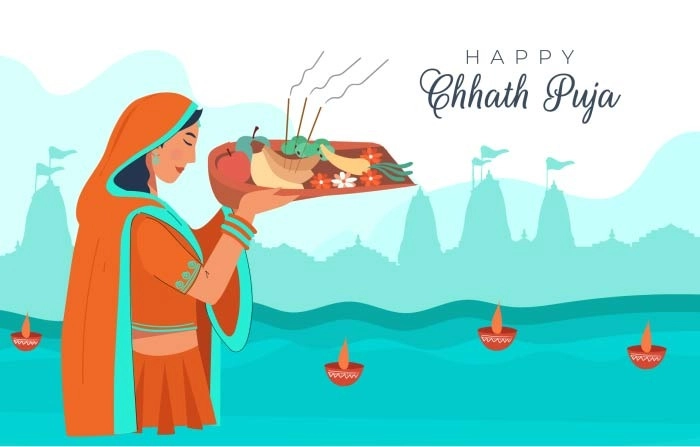 Happy Chhat Puja Celebration Woman Immersing Flowers And Praying To Lord Sun Vector Illustration