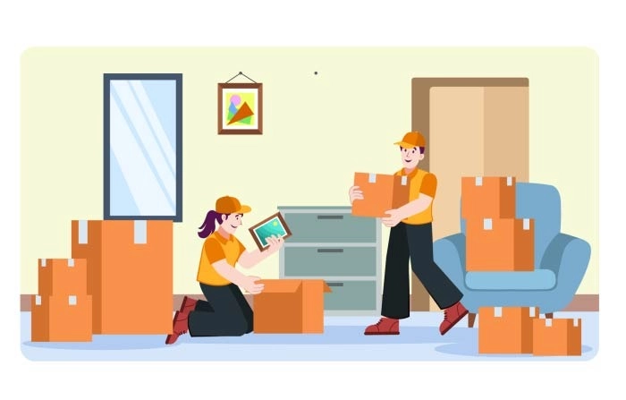 Moving To New Place Of Residence Woman Collecting Things In Boxes Premium Vector Illustration image