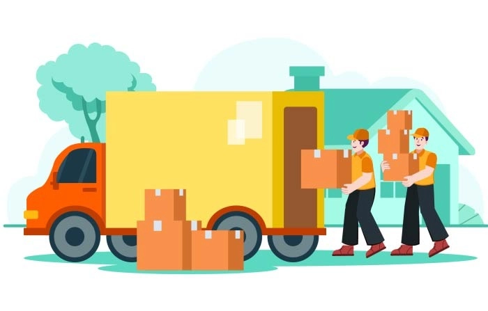 A Vector Illustration Of Movers Carrying Boxes In Front Of Their Truck