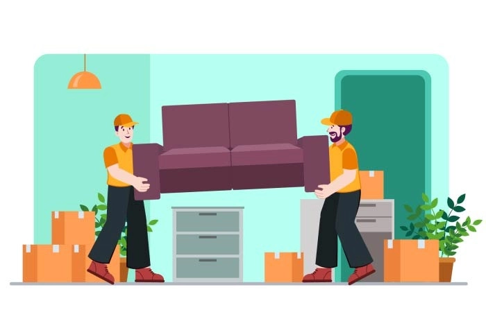 Two Furniture Movers Moving A Sofa Illustration Premium Vector