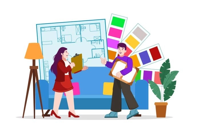Young Women And Man Decorating Office Illustration Premium Vector image